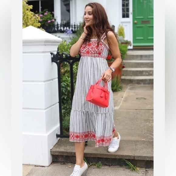 Kate Spade Floral Embroidered Striped Cotton Midi Dress - Picture 1 of 14